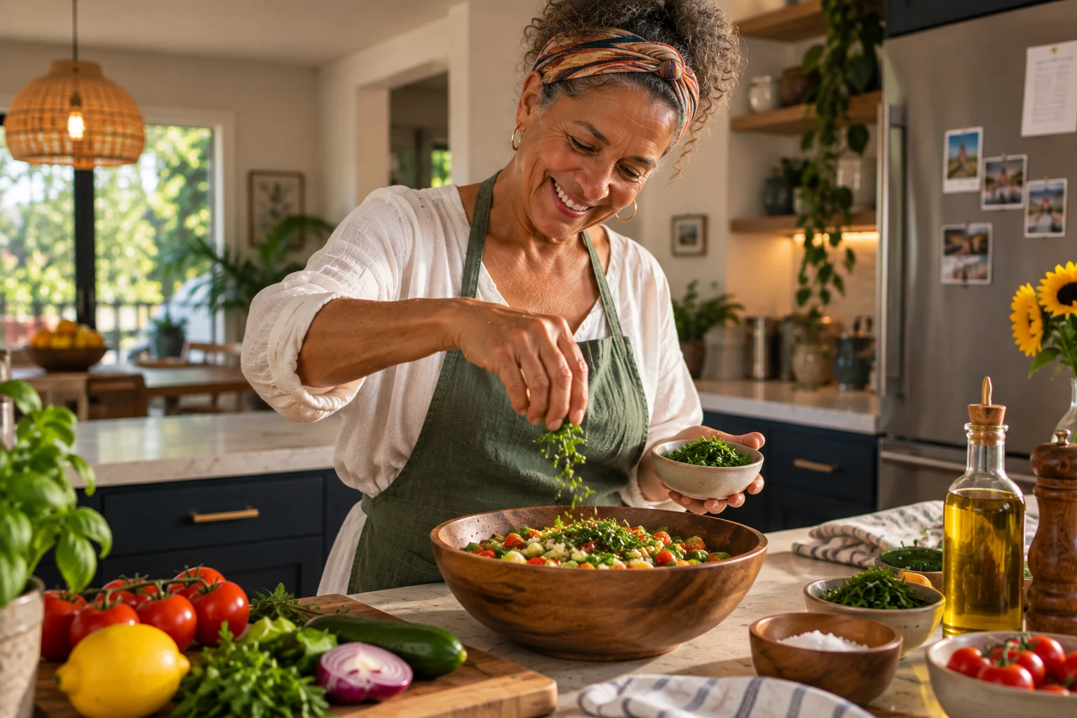A silver-haired woman cooking a fresh salad at a sunlit kitchen window over a lake, a chalkboard reading Good Food, Good Mood, Clear Mind, Happy Life behind him